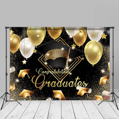 Gold Black Balloons Mortarboard Grad Photos Backdrop - Aperturee