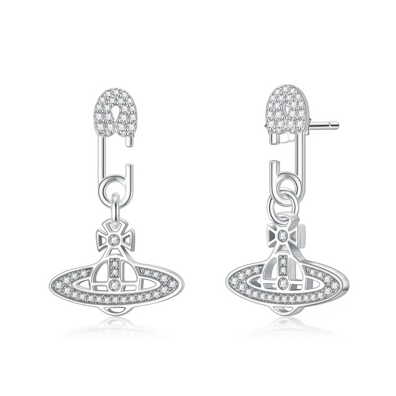 Sterling Silver Cubic Zirconia Paper Clip & Planet Drop Earrings
