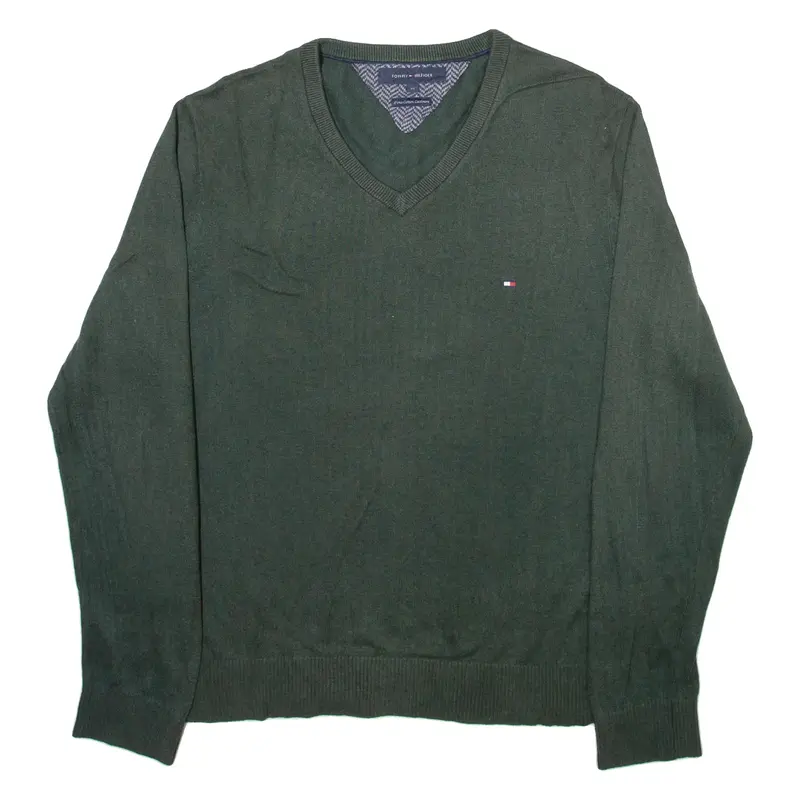 TOMMY HILFIGER Mens Jumper Green V-Neck Tight Knit M