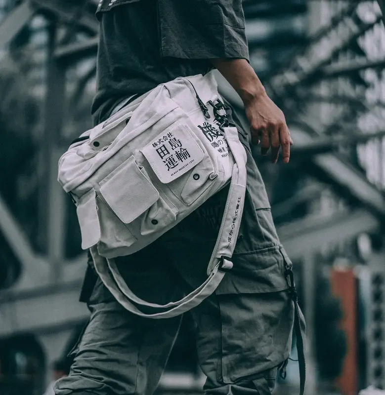 Hibag2 Niepce Streetwear Fashion Canvas Japanese Kanji Crossbody Bag with Shoulder and Belt Straps