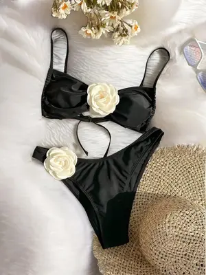 2 Piece Set Women's Camellia Decor Drawstring Tie Back Swim Bra & High Cut Swim Panty Bikini Set, Bathing Suits 2024 for Wome...
