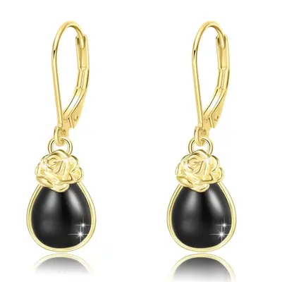 14K Gold Agate Rose Drop Lever-back Earrings for Women