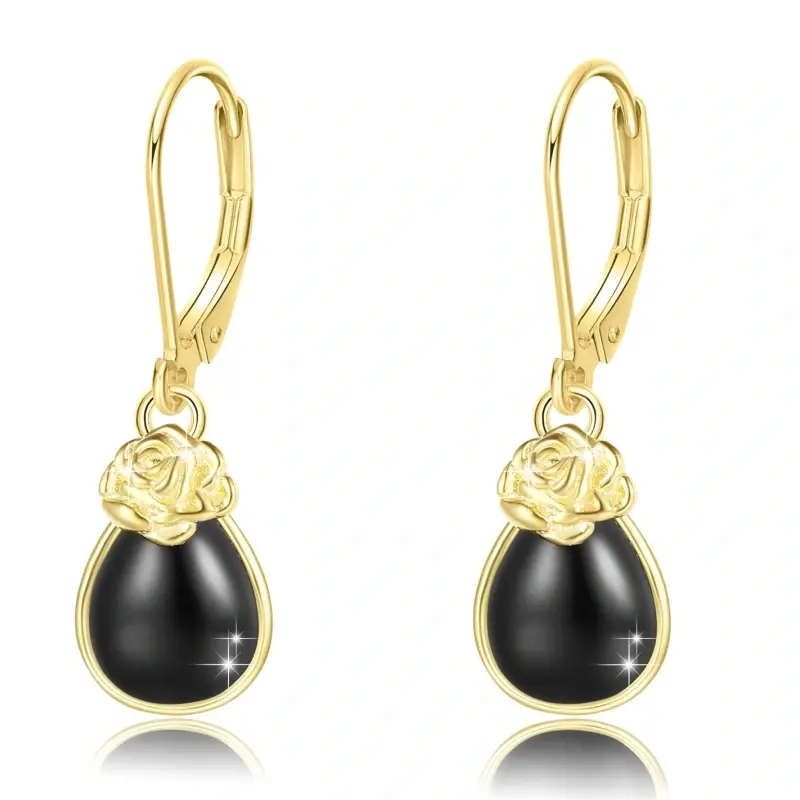 14K Gold Agate Rose Drop Lever-back Earrings for Women