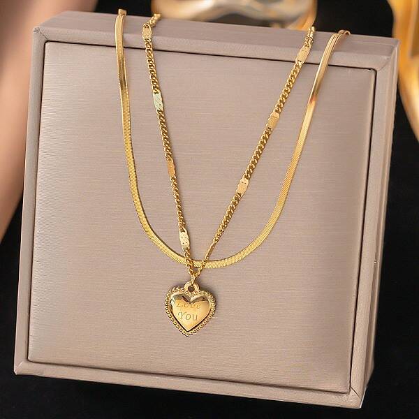 304 Stainless Steel Double Layered Heart Pendant Necklaces for Women