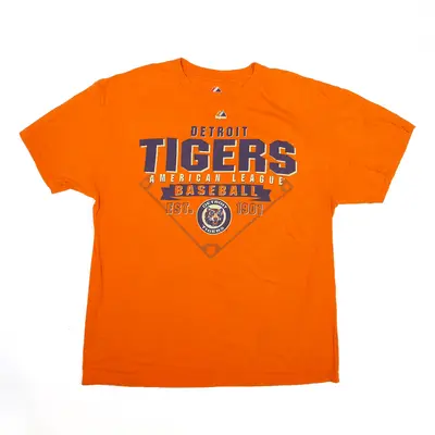 MAJESTIC MLB Detroit Tigers Baseball T-Shirt Orange USA Short Sleeve Mens L