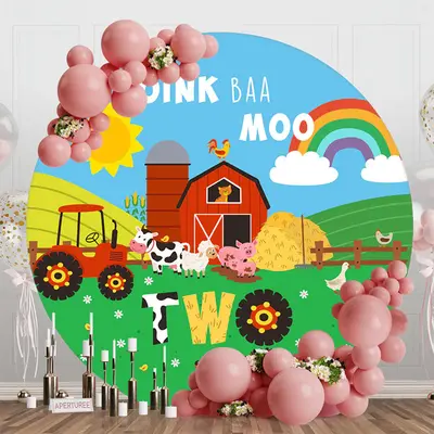 Farm Barn Oink Baa Moo Round 2nd Birthday Backdrop - Aperturee