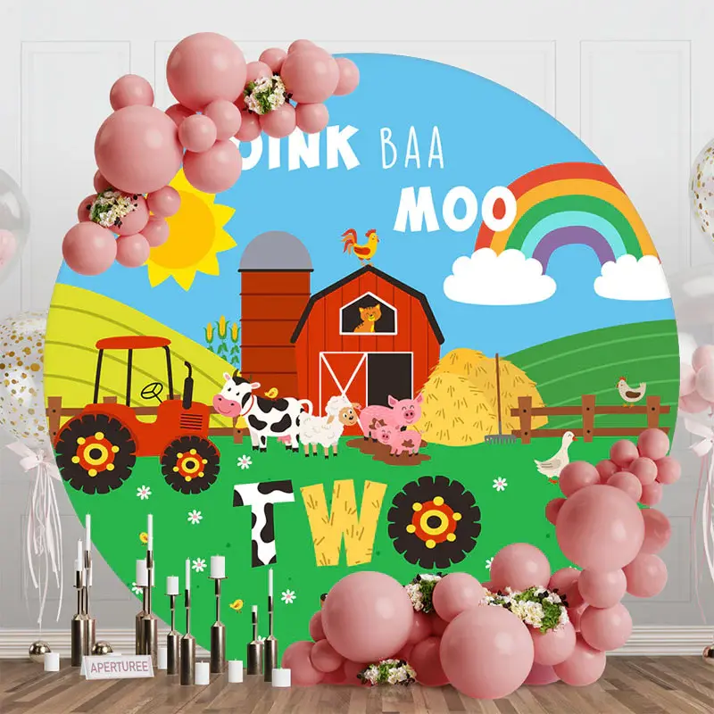 Farm Barn Oink Baa Moo Round 2nd Birthday Backdrop - Aperturee