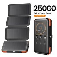Solar Power Bank, 25000mAh Wireless Solar Charger with Built-in 3 Cables, Dual Outputs, 4 Solar Panels & 3 LED Flashlights, P...