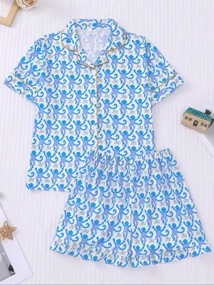 Girl's All Over Print Lapel Shirt & Elastic Waist Shorts Pyjama Two-Piece Set, Casual Comfy Short Sleeve Top & Shorts PJ Set...