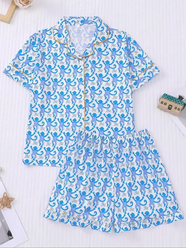 Girl's All Over Print Lapel Shirt & Elastic Waist Shorts Pyjama Two-Piece Set, Casual Comfy Short Sleeve Top & Shorts PJ Set...