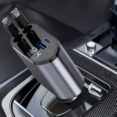 WHATOOK Retractable Car Charger 2 USB Ports 4 in 1 Fast Charging 120W with 2.6ft Cable for iPhone 15 14 13 12 Pro Max Galaxy ...