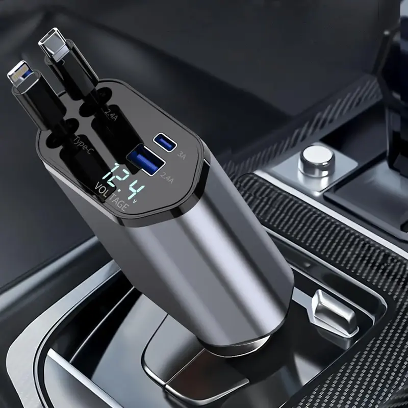 WHATOOK Retractable Car Charger 2 USB Ports 4 in 1 Fast Charging 120W with 2.6ft Cable for iPhone 15 14 13 12 Pro Max Galaxy ...