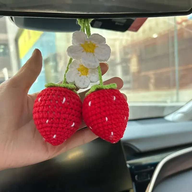 Strawberry & Flower Design Car Hanging Decoration, Car Rear View Mirror Hanging Ornament, Car Interior Pendant, Car Decoratio...