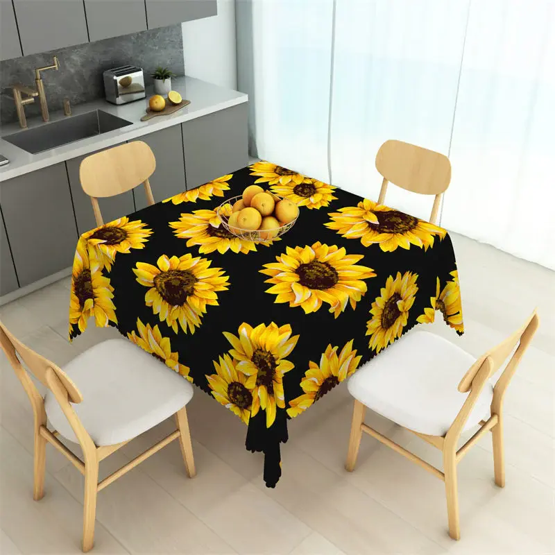 Big Yellow Sunflowers Black Repeat Square Tablecloth - Aperturee