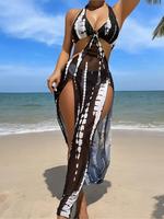 Two-piece Set Women's Patchwork Print Halter Neck Tie Back Bikini Set, Casual Ring Linked Backless Swim Bra & High Cut Swim P...