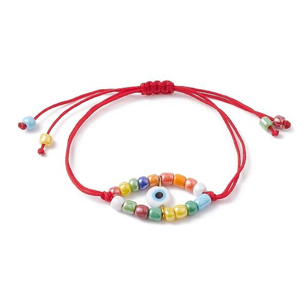 Adjustable Evil Eye Lampwork & Seed Braided Bead Bracelet