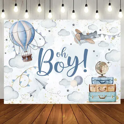 Blue Hot Air Balloon Baggage Baby Shower Backdrop - Aperturee
