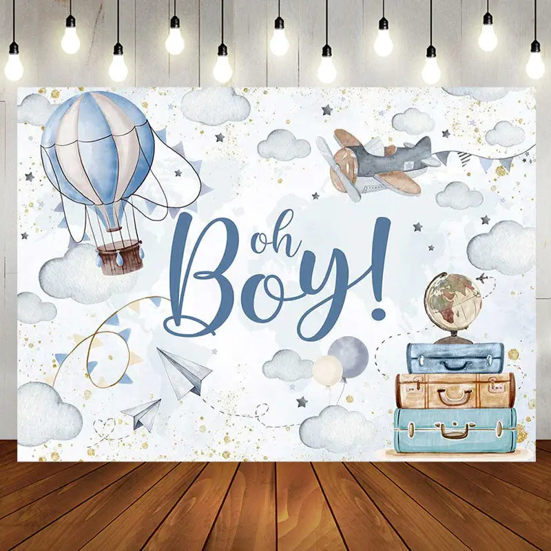 Blue Hot Air Balloon Baggage Baby Shower Backdrop - Aperturee