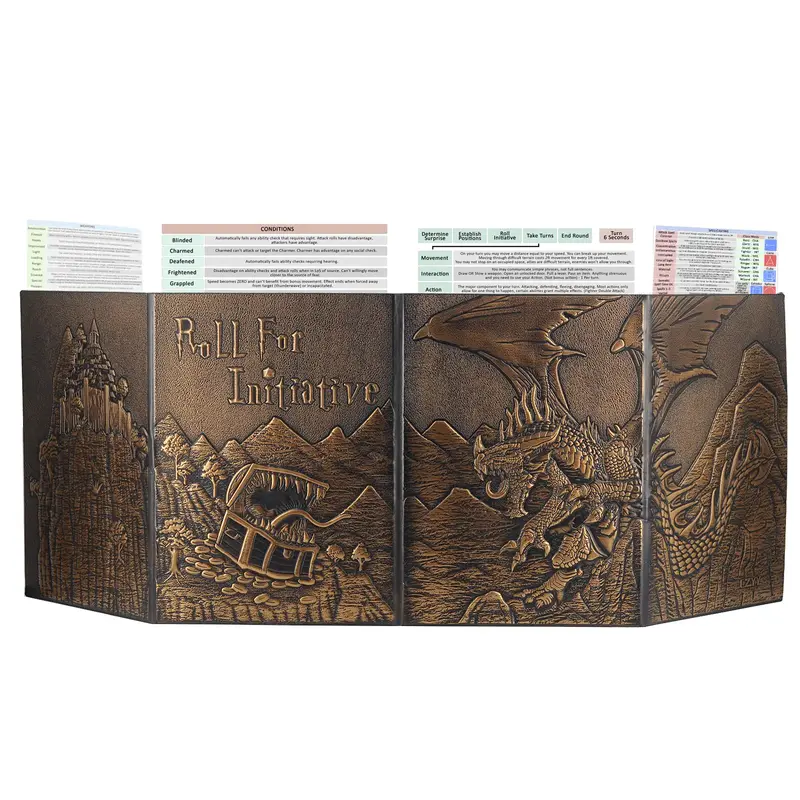 DND Dungeon Master Screen Faux Leather Embossed Dragon & Mimic, Four-Panel with Pockets DM Screen for Dungeons and Dragon, Pa...