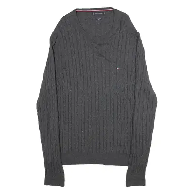 TOMMY HILFIGER Premium Cotton Wool Womens Patterned Jumper Grey Wool 2XL