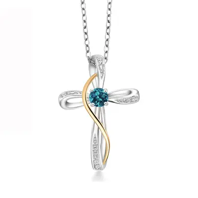 Sterling Silver Two-tone Cubic Zirconia Personalized Birthstone & Cross Pendant Necklace