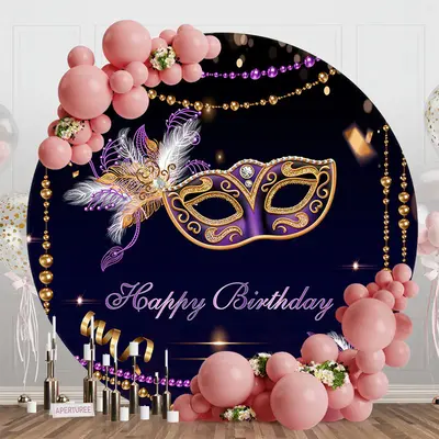 Black Purple Masquerade Mask Round Birthday Backdrop