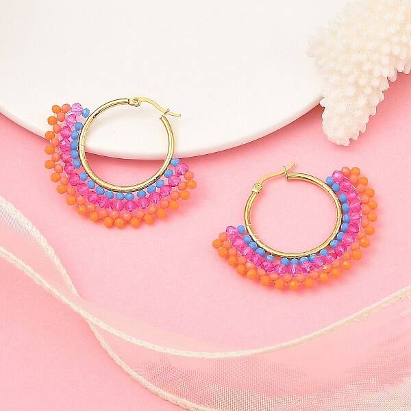 304 Stainless Steel & Bohemian Beaded Fan Hoop Earrings for Women