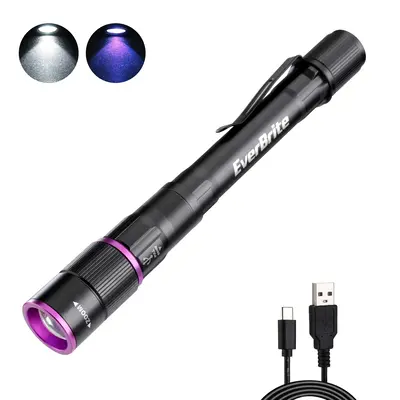 #FallDealsforYou EverBrite Rechargeable Pen Flashlight with UV Light and White Light, 395nm Black Flashlight with Clip, Zooma...