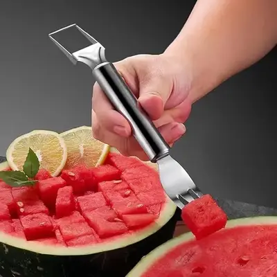 【2 Pack】Watermelon Fork Slicer,Watermelon Slicer Cube Cutter Tool, 2-in-1 Stainless Steel Fruit Cutter, Dual Head Fruit F...