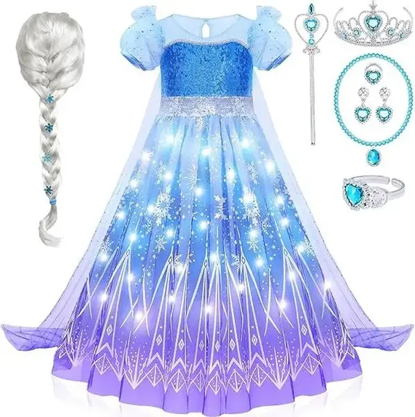 Halloween Gift Girls Light Up Costume Dress with Cape, Wig, Crown – Princess Dress Up for Cosplay