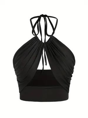 Women's Solid Ruched Tie Back Halter Crop Cami Top, Fashion Casual Backless Top for Summer, Ladies Clothes for Beach Holiday ...