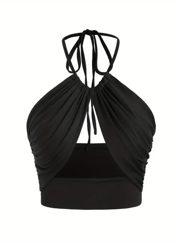 Women's Solid Ruched Tie Back Halter Crop Cami Top, Fashion Casual Backless Top for Summer, Ladies Clothes for Beach Holiday ...