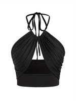 Women's Solid Ruched Tie Back Halter Neck Cropped Cami Top, Fashion Casual Slim Fit Backless Top for Summer, Ladies Clothes f...