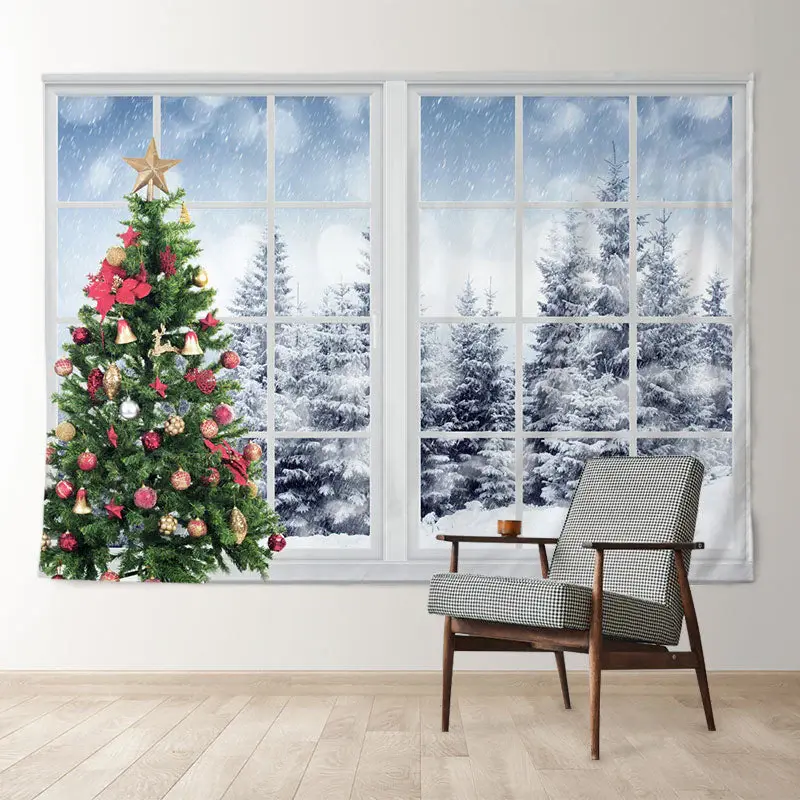 Aperturee White Window Snowy Forest Christmas Tree Backdrop