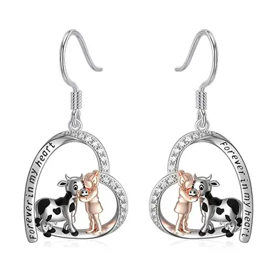 Sterling Silver Round Cubic Zirconia Cow Drop Earrings with Engraved Word