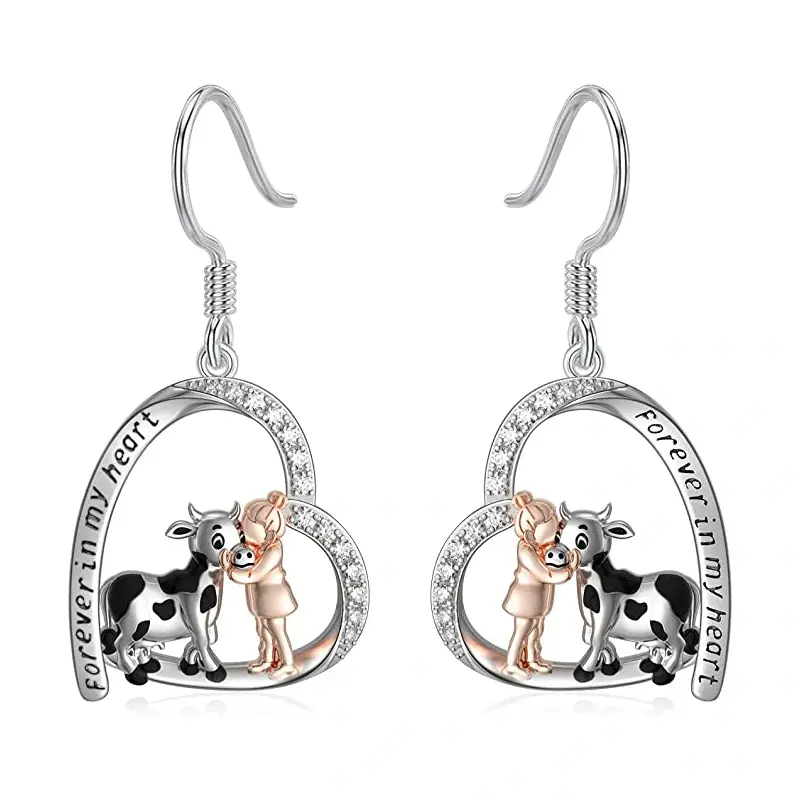 Sterling Silver Round Cubic Zirconia Cow Drop Earrings with Engraved Word