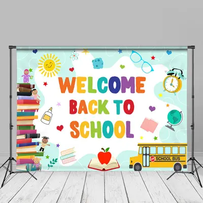 Books Lovely Blue White Welcome Back To School Backdrop - Aperturee