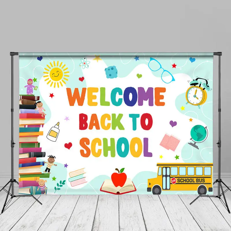 Books Lovely Blue White Welcome Back To School Backdrop - Aperturee