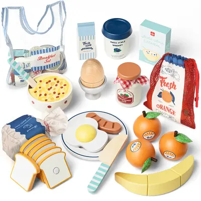Wooden Pretend Play Food, Wooeden Breakfast Food, Play Food Sets with Shopping Bag for Kids Kitchen, Fake Food Pretend Play f...