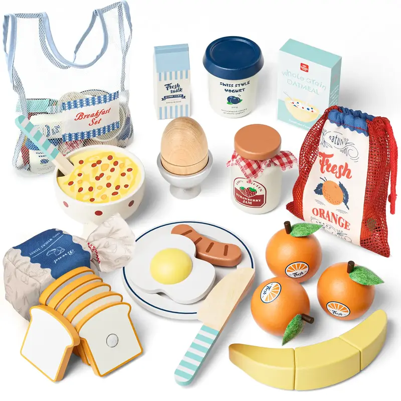 Wooden Pretend Play Food, Wooeden Breakfast Food, Play Food Sets with Shopping Bag for Kids Kitchen, Fake Food Pretend Play f...