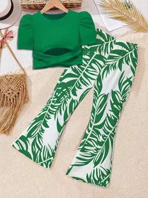 Girl's Short Sleeve Top & Flare Leg Pants Two-Piece Set, Casual Fashion Cozy Girl's Clothing Set for Daily Outdoor Wear, Ki...