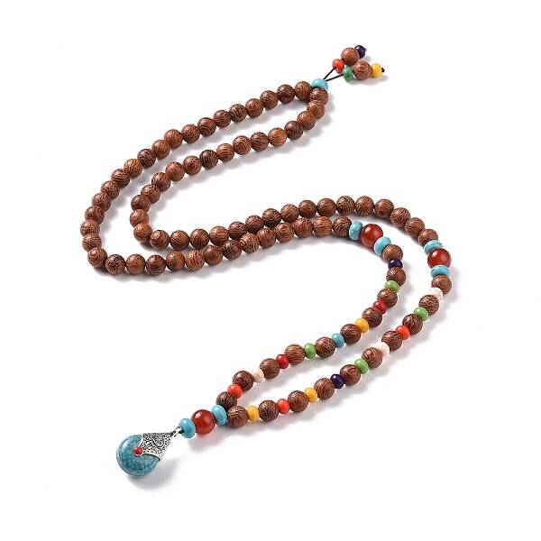 Wood & Natural Carnelian & Synthetic Turquoise Beaded Necklaces