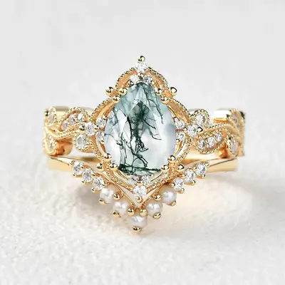 Sterling Silver with Yellow Gold Plated Pear Cut Moss Agate Engagement Ring