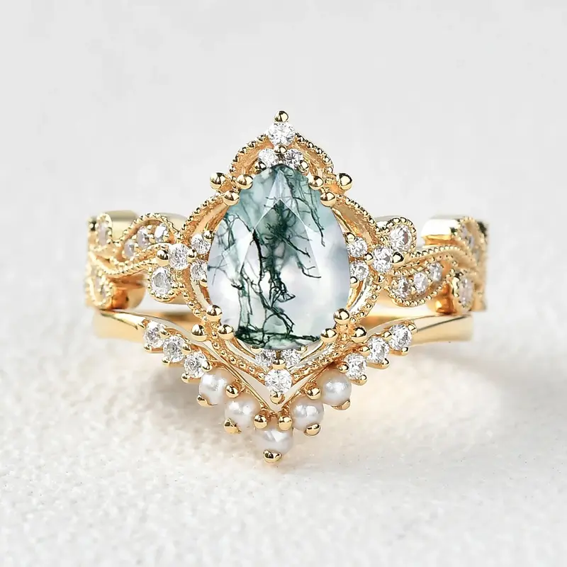 Sterling Silver with Yellow Gold Plated Pear Cut Moss Agate Engagement Ring
