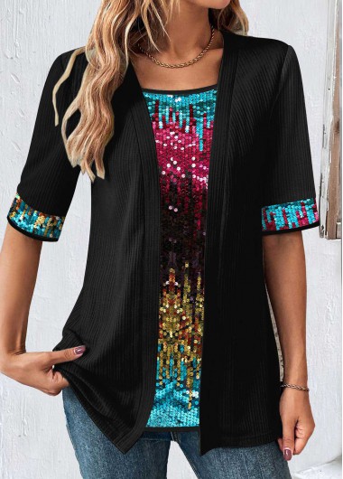 Modlily Black Short Sleeve Square Neck Fake Two Piece Twinset - M