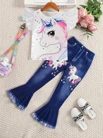 Two-piece Set Girl's Cartoon Unicorn Print Tee & Flare Leg Denim-effect Pants, Casual Fashion Playful Round Neck Top & Trouse...