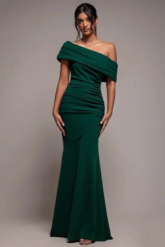 Goddiva Pleated One Shoulder Bardot Fit And Flare Maxi Dress - Emerald Green