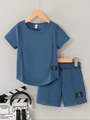 Two-Piece Set Toddler Boy's Solid Short Sleeve Tee & Elastic Waist Shorts Set, Casual Round Neck T-shirt & Shorts, Summer Clo...