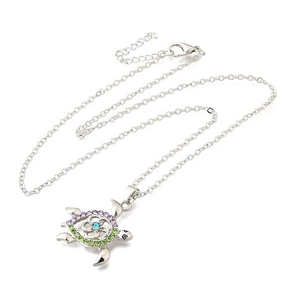Summer Beach Alloy Colorful Rhinestone Sea Turtle Pendant Necklaces for Women