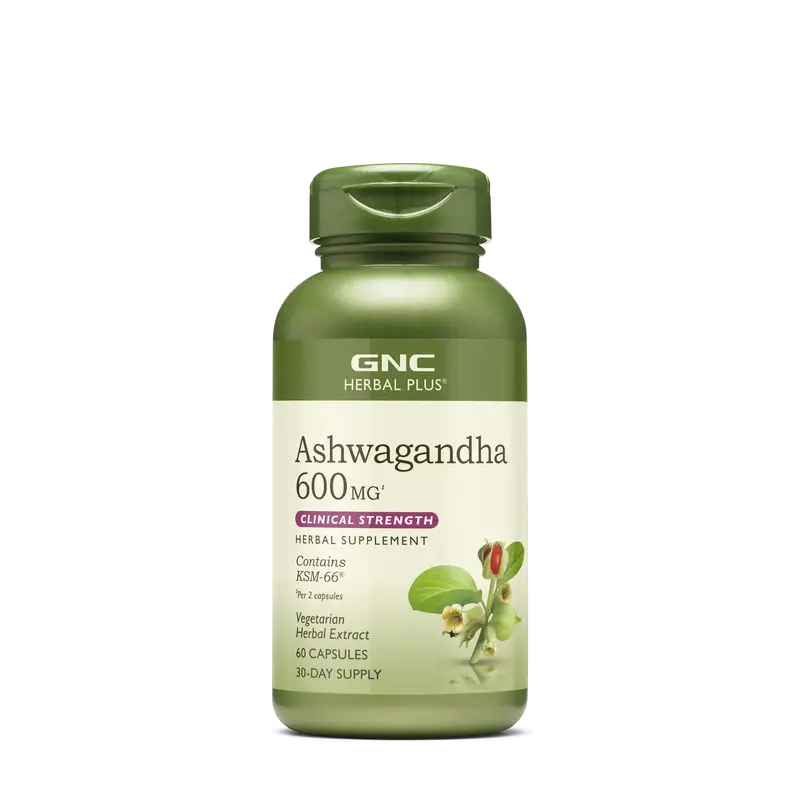 GNC Herbal Plus Ashwagandha 600mg, Stress Relief Support, 60 Capsules, Healthcare Fitness Herbal Supplements, Clinical Streng...